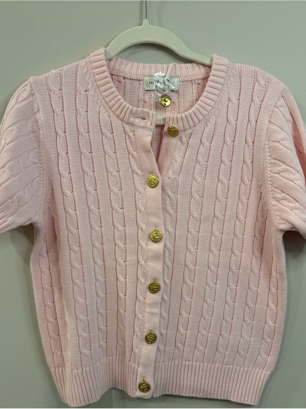 Short-Sleeve Pink Cable Knit Cardigan with Gold Buttons